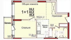 1-к квартира, вторичка, 44м2, 2/22 этаж