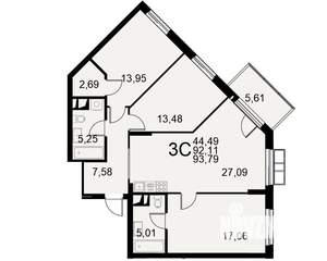 3-к квартира, строящийся дом, 92м2, 3/11 этаж