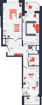 3-к квартира, вторичка, 70м2, 12/14 этаж