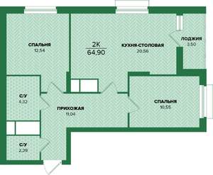 2-к квартира, вторичка, 65м2, 24/25 этаж