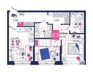 2-к квартира, вторичка, 54м2, 2/25 этаж