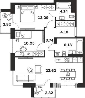 2-к квартира, вторичка, 71м2, 2/7 этаж
