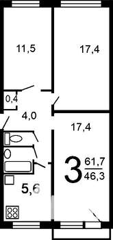 3-к квартира, вторичка, 61м2, 1/5 этаж
