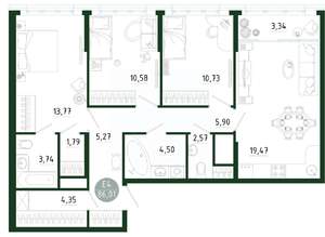 3-к квартира, строящийся дом, 86м2, 7/25 этаж