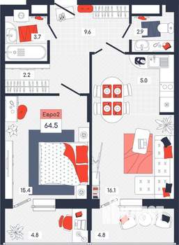 2-к квартира, строящийся дом, 65м2, 14/14 этаж