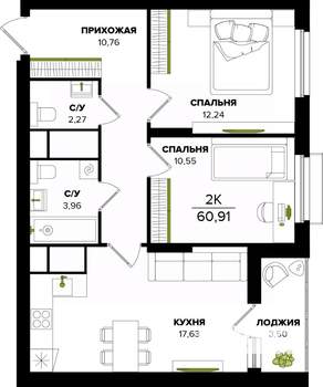 2-к квартира, строящийся дом, 61м2, 2/25 этаж