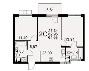 2-к квартира, строящийся дом, 63м2, 4/11 этаж