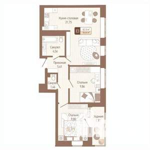2-к квартира, строящийся дом, 54м2, 9/14 этаж