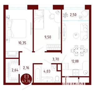 2-к квартира, вторичка, 48м2, 10/10 этаж