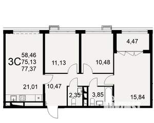 3-к квартира, вторичка, 77м2, 8/16 этаж