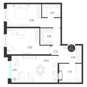 2-к квартира, строящийся дом, 88м2, 2/8 этаж