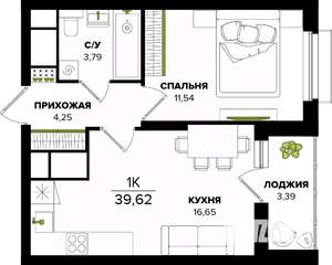 1-к квартира, строящийся дом, 40м2, 20/25 этаж