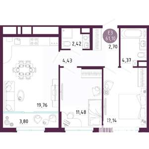 2-к квартира, вторичка, 61м2, 6/10 этаж