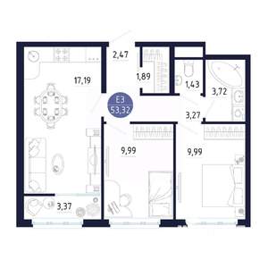 2-к квартира, строящийся дом, 53м2, 10/25 этаж