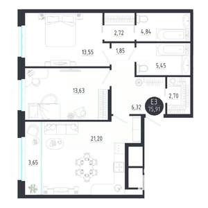 2-к квартира, строящийся дом, 76м2, 2/8 этаж