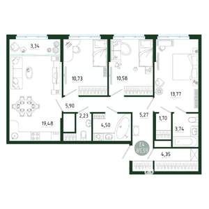 3-к квартира, строящийся дом, 86м2, 24/25 этаж