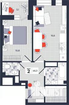 2-к квартира, строящийся дом, 46м2, 3/14 этаж