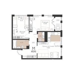 2-к квартира, строящийся дом, 60м2, 5/5 этаж