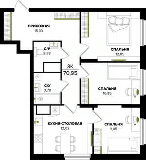 3-к квартира, вторичка, 71м2, 22/25 этаж