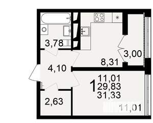 1-к квартира, строящийся дом, 30м2, 13/18 этаж