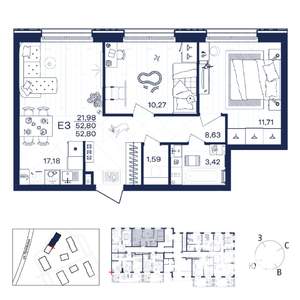 2-к квартира, строящийся дом, 53м2, 1/15 этаж