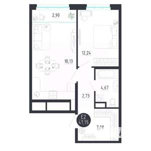1-к квартира, строящийся дом, 48м2, 3/8 этаж