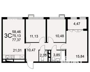 3-к квартира, строящийся дом, 77м2, 13/16 этаж