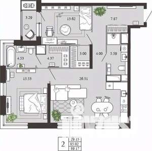 2-к квартира, вторичка, 89м2, 16/21 этаж