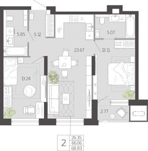 2-к квартира, вторичка, 69м2, 1/21 этаж