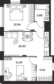 2-к квартира, вторичка, 52м2, 6/15 этаж