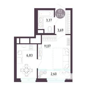 1-к квартира, строящийся дом, 28м2, 9/10 этаж