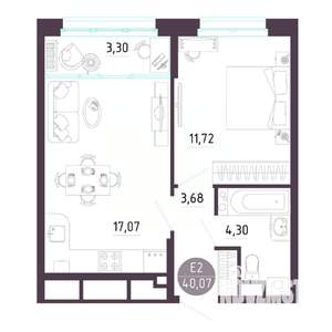1-к квартира, строящийся дом, 40м2, 6/10 этаж