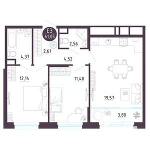 2-к квартира, строящийся дом, 61м2, 8/10 этаж