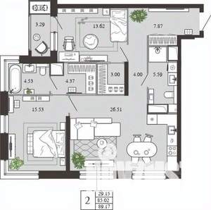 2-к квартира, вторичка, 89м2, 2/21 этаж