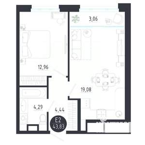 1-к квартира, строящийся дом, 44м2, 6/8 этаж