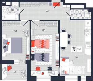 3-к квартира, строящийся дом, 75м2, 5/14 этаж