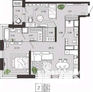 2-к квартира, вторичка, 89м2, 6/21 этаж