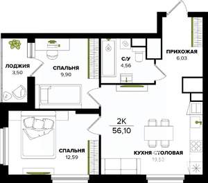 2-к квартира, вторичка, 56м2, 13/25 этаж