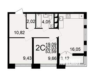 2-к квартира, строящийся дом, 52м2, 9/18 этаж