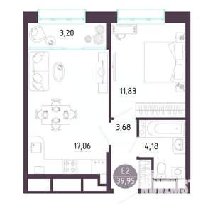 1-к квартира, строящийся дом, 40м2, 3/10 этаж