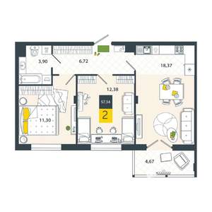 2-к квартира, вторичка, 57м2, 6/8 этаж