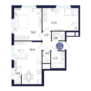 2-к квартира, строящийся дом, 63м2, 2/25 этаж