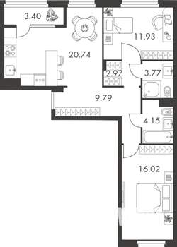 2-к квартира, вторичка, 73м2, 7/9 этаж