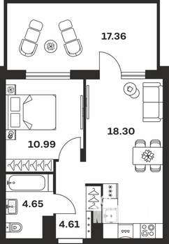 1-к квартира, вторичка, 44м2, 1/15 этаж