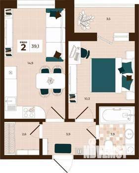 2-к квартира, строящийся дом, 39м2, 8/14 этаж