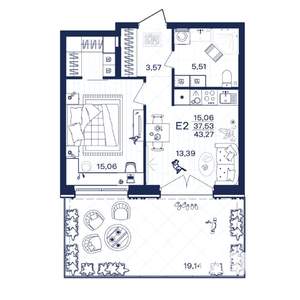 1-к квартира, строящийся дом, 43м2, 1/15 этаж