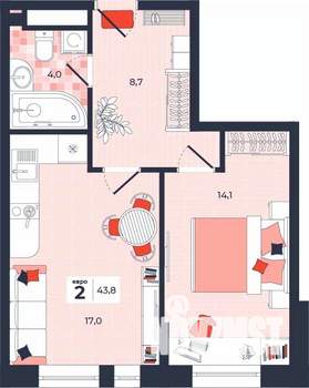 2-к квартира, строящийся дом, 44м2, 13/14 этаж