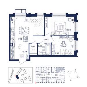 2-к квартира, строящийся дом, 53м2, 2/15 этаж