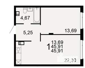 1-к квартира, вторичка, 46м2, 2/10 этаж