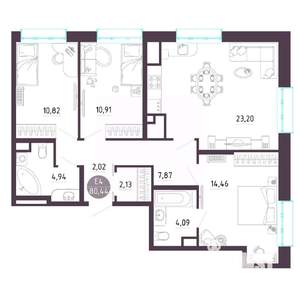 3-к квартира, строящийся дом, 80м2, 9/10 этаж